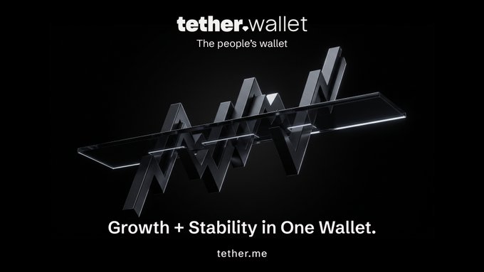 An advertisement for 'tether.wallet' with the tagline 'The people's wallet' and 'Growth + Stability in One Wallet.' displayed on a dark background.