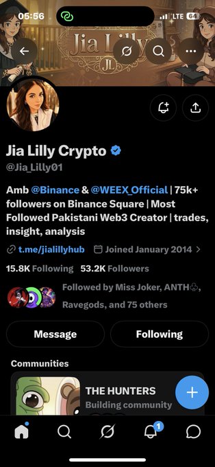 A Twitter profile page for "Jia Lilly Crypto" (@JiaLilly01) is displayed, showing 53.2K Followers, 15.8K Following, and a verified blue checkmark, with a description mentioning she is an ambassador for @Binance & @WEEX_Official. The accompanying post thanks her while sharing a Solana (SOL) contract address, suggesting appreciation for crypto insights or support from this influencer.