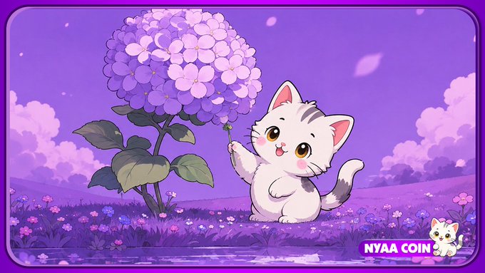 A cute anime-style white kitten with gray stripes stands in a purple field, curiously reaching toward a large cluster of purple hydrangea blossoms under a twilight sky, with "NYAA COIN" branded in the bottom right corner—illustrating the post's theme of NYAACOIN nurturing growth and dreams like a blooming flower.