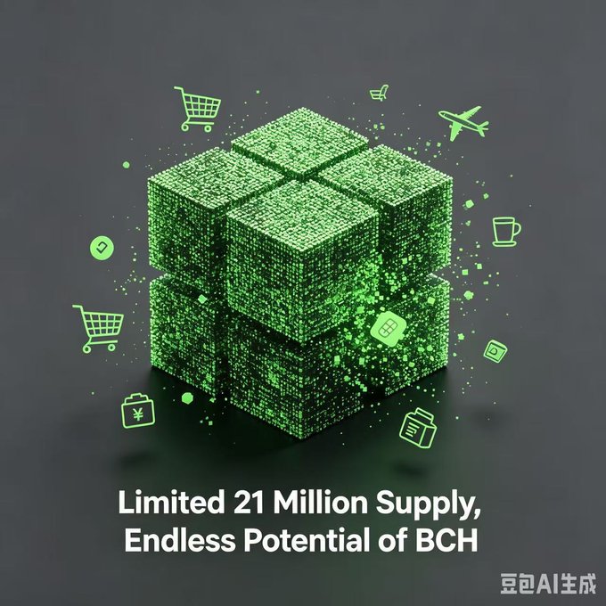 The image features a 3D rendering of a green cube with various objects surrounding it, including shopping carts, airplanes, and other icons related to commerce or technology. The text "Limited 21 Million Supply, Endless Potential of BCH" is written below the cube, suggesting that there might be an opportunity for someone to invest in this project.