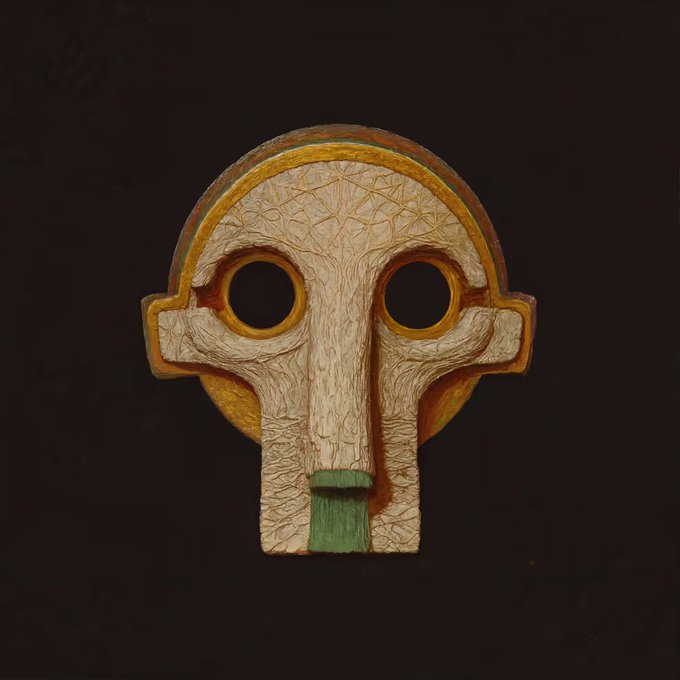 A carved wooden mask featuring an arched top, two large circular eye openings, and a cross-like extension on the front, painted with white, yellow, and green tones against a dark background.