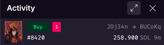Activity feed showing a "Buy" transaction for NFT #8420, with price 258.900 SOL, between wallets JDj34n → BUCoKq.