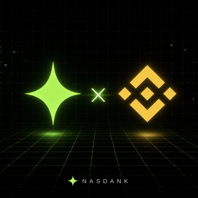 A graphic showing a green star/sparkle logo next to a gold Binance logo with an 'X' between them, branded 'NASDANK' at the bottom.