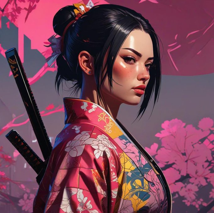 Stylized digital artwork of a young woman with black hair in a bun, wearing a vibrant pink floral kimono with two swords strapped to her back, set against a pink cherry blossom background.
