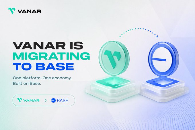 A promotional graphic announcing 'VANAR IS MIGRATING TO BASE' with the tagline 'One platform. One economy. Built on Base.'