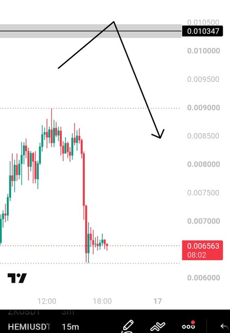 A 15-minute HEMIUSDT candlestick chart shows HEMI spiking near the highlighted resistance at 0.010347 before sharply crashing down toward the marked low of 0.006563, mirroring the post's frustration that the price fell short of the breakout setup.