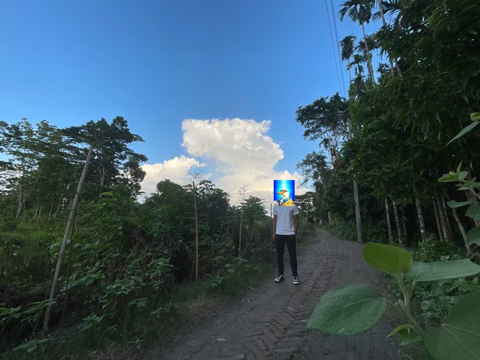 A person walks along a rural brick path surrounded by dense green vegetation, holding up a card with a yellow and blue logo that obscures their face under a bright blue sky with a fluffy white cloud.