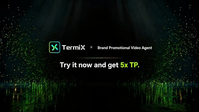 A promotional graphic for 'TermiX' branded as a 'Brand Promotional Video Agent' with the offer 'Try it now and get 5x TP.' displayed against a dark background with green glowing particles.