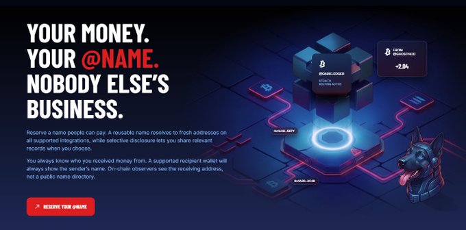 An advertisement reads 'YOUR MONEY. YOUR @NAME. NOBODY ELSE'S BUSINESS.' promoting a privacy-focused wallet, with features like 'AVAILABILITY' and 'SCHEDULER' shown alongside a robotic Doberman dog.