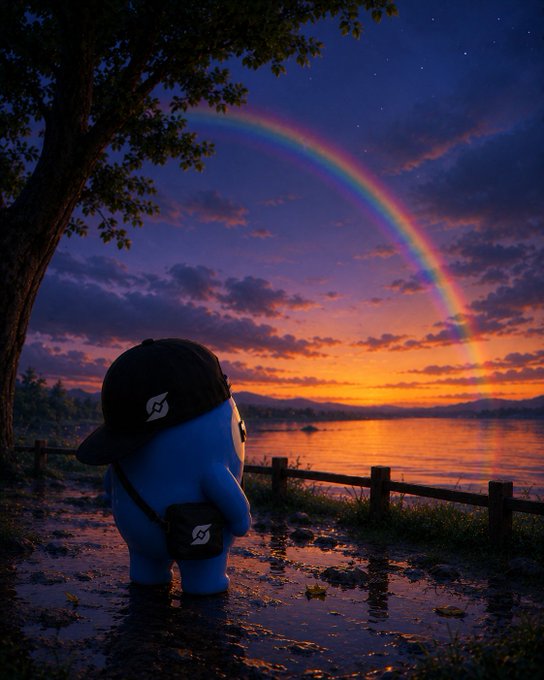 A cute blue character wearing a black cap and crossbody bag stands by a lake, watching a vibrant sunset rainbow arc across the twilight sky.