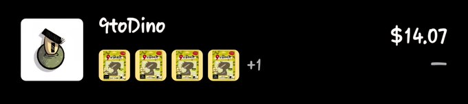 A cryptocurrency wallet interface showing the username '9toDino' with a bomb emoji avatar, displaying four T-Rex meme coin badges and a balance of $14.07.