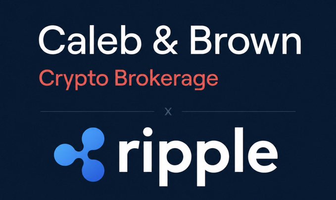 The image displays a partnership announcement graphic featuring the text "Caleb & Brown Crypto Brokerage x ripple" against a dark navy background, with Caleb & Brown's name in white and red text above the blue Ripple logo. The graphic visually represents the newly announced integration between Caleb & Brown crypto brokerage and Ripple Payments, symbolizing their collaboration to enhance USD payment infrastructure.