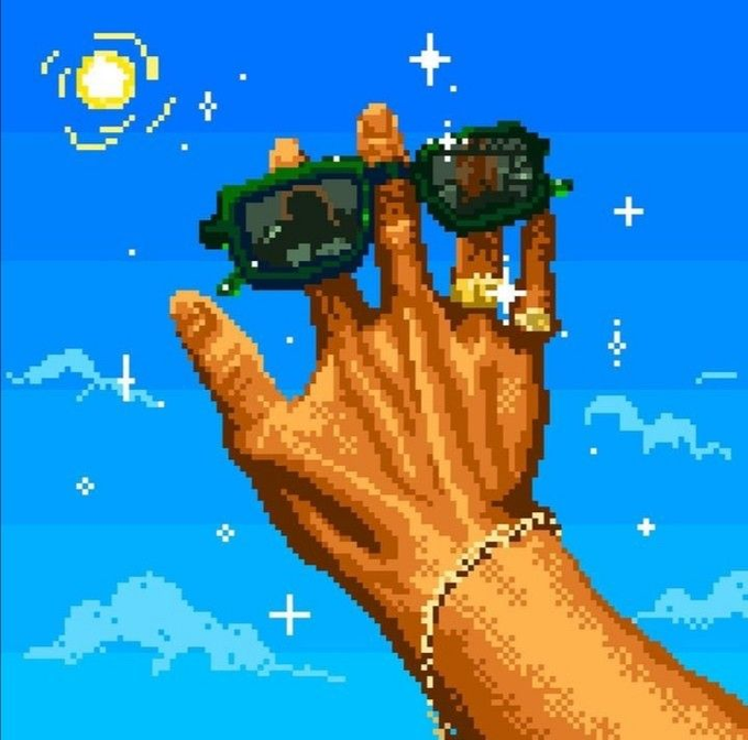 A pixel-art hand adorned with sunglasses and a bracelet holds up two fingers against a bright blue sky with a sun and stars. The image visually represents the post's theme of AI agents achieving "financial autonomy," with the hand symbolically offering or showcasing value in a stylized, retro-tech aesthetic that aligns with the crypto/AI narrative of agents earning yield and settling on-chain.
