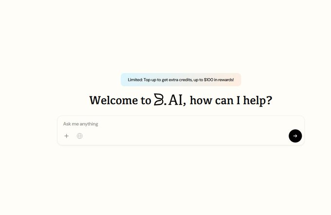 A welcome screen for 'B.AI' displaying the text 'Welcome to B.AI, how can I help?' with a limited-time offer banner reading 'Limited: Top up to get extra credits, up to $100 in rewards!' above an input field.