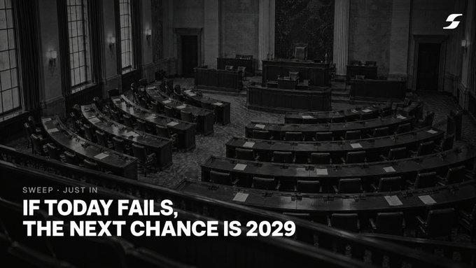 A black-and-white image of an empty Senate chamber features overlaid text reading "SWEEP · JUST IN" and "IF TODAY FAILS, THE NEXT CHANCE IS 2029," reinforcing the post's warning that a failed procedural vote today on the Clarity Act will shelve crypto legislation until 2029.