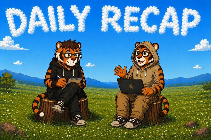 A digital illustration of two anthropomorphic tigers sitting on tree stumps in a grassy field, with one holding a notepad and the other using a laptop, under the text 'DAILY RECAP' written in clouds.
