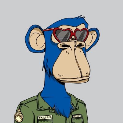 Digital illustration of a Bored Ape NFT character with blue fur, wearing red heart-shaped sunglasses and a green U.S. Army uniform with sergeant insignia.