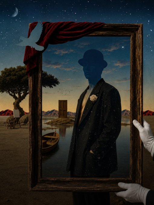 A surreal artwork featuring a silhouette of a man in a bowler hat and suit standing within a large ornate picture frame held by white-gloved hands, set against a desert landscape with a bird and red curtain.