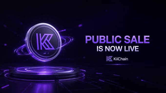 A promotional banner for 'KiiChain' on a dark purple background featuring a glowing coin logo and the text 'PUBLIC SALE IS NOW LIVE.'
