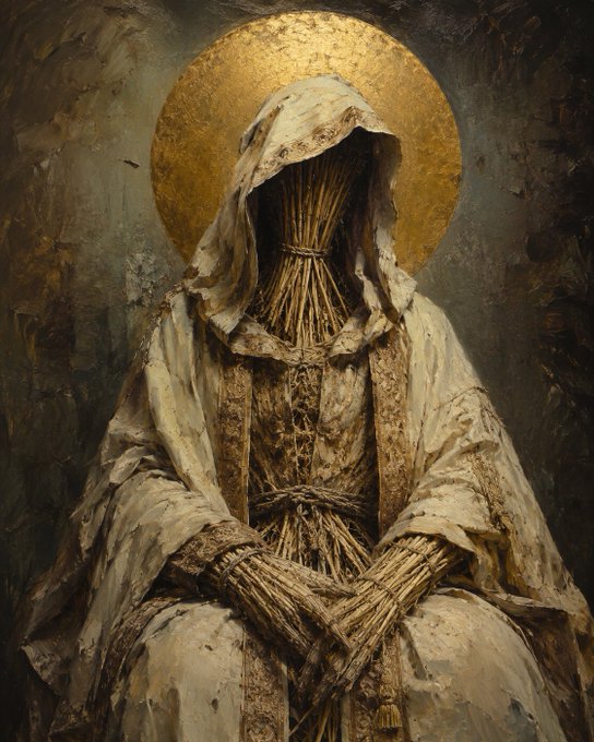 A haunting painting of a hooded figure with a body made of bundled straw, featuring a golden halo against a dark textured background.