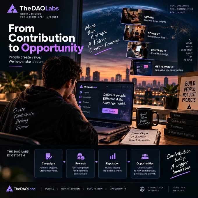 Promotional graphic for 'TheDAO Labs' titled 'From Contribution to Opportunity', showing a person using a laptop with the ecosystem diagram including Campaigns, Rewards, Reputation, and Opportunities.