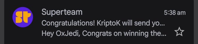 A notification from Superteam at 5:38 am announces "Congratulations! KriptoK will send yo..." and "Hey OxJedi, Congrats on winning the..." bounty. This relates to the post celebrating the user's 35th bounty win on @SuperteamEarn, sponsored by @KriptoKGlobal.