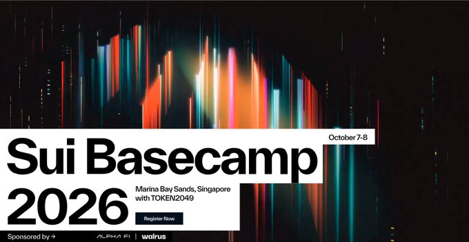 A vibrant promotional banner for "Sui Basecamp 2026," scheduled for October 7-8 at Marina Bay Sands, Singapore alongside TOKEN2049, featuring colorful neon light streaks and sponsor logos for AlphaFi and Waidrus. The design visually reinforces the event's focus on AI, blockchain innovation, and onchain finance with its dynamic, tech-inspired aesthetic.