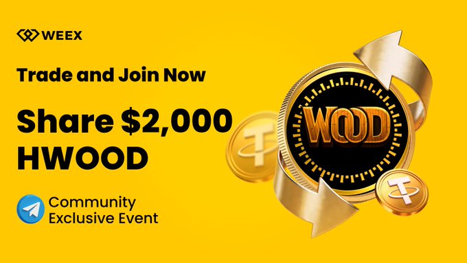 A bright yellow promotional banner for WEEX announces a "Trade and Join Now" event with a $2,000 HWOOD prize pool as a "Community Exclusive Event," featuring a gold coin displaying the "WOOD" logo alongside a Telegram icon, directly advertising the $HWOOD Trading Rush giveaway mentioned in the post.