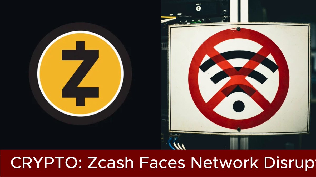 The image shows two different logos for Bitcoin and a sign with a red circle and "no" written inside of it. The Bitcoin logo features a yellow dollar sign, while the sign has a red circle with a "X" inside. The text in the image reads "Crypto: Zcash Faces Network Disrup".