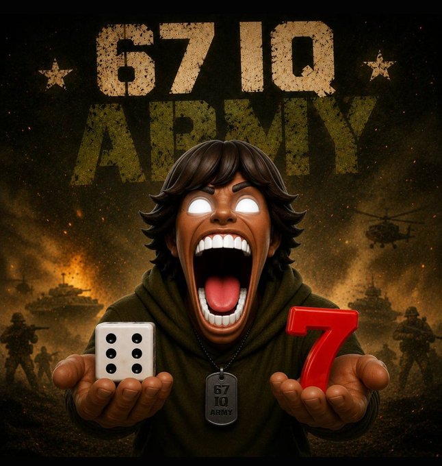 A dramatic military-themed poster titled '67/10 ARMY' showing a cartoon character with glowing white eyes screaming intensely while holding a die in one hand and the number '7' in the other, with dog tags reading '67 IQ ARMY'.