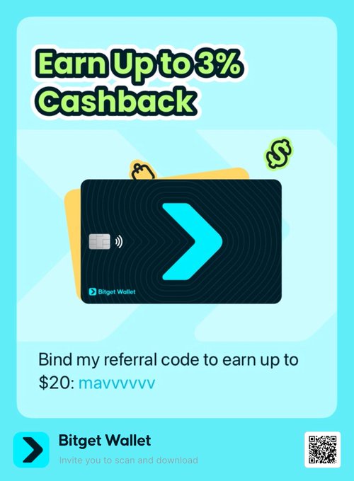 An advertisement for Bitget Wallet offering 'Earn Up to 3% Cashback' with a referral code 'mavvvvvv' to earn up to $20, featuring images of a black credit card and a QR code.