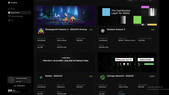 Screenshot of a cryptocurrency airdrop platform called Nucleus showing opportunities like Sleepagotchi Season 3 ($50,000), Nucleus Season 3, Beldex ($50,000), and Canopy Network ($10,000).