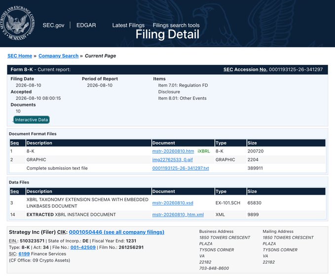 An SEC EDGAR 'Filing Detail' page for a Form 8-K filing dated 2026-08-10 by Strategy Inc (CIK: 0001050446, ticker STRG/CIK shows PLAZA address in Tysons Corner, VA), with accession number 0001193125-26-341297.