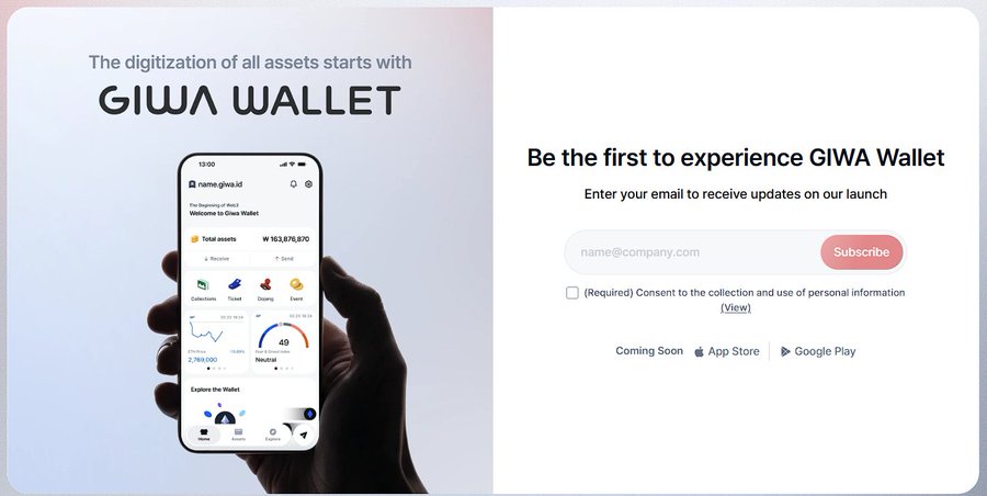 A promotional landing page for "GIWA Wallet" features a smartphone displaying the app's asset management interface with ₩163,876,870 in total assets, alongside an email subscription form inviting users to "Be the first to experience GIWA Wallet." The image aligns with the post by highlighting the GIWA Wallet announcement as part of their KBW content compilation and introducing GASOK as a development support program.