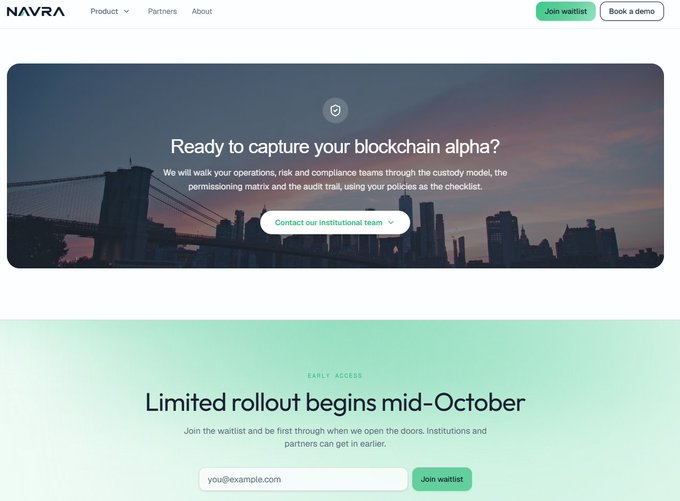 The image shows Navra's homepage featuring a "Ready to capture your blockchain alpha?" banner with a cityscape background, along with a "Limited rollout begins mid-October" section for early access waitlist signups, complementing the post's announcement of Navra's $19M raise and open waitlist at navra.com/#waitlist.