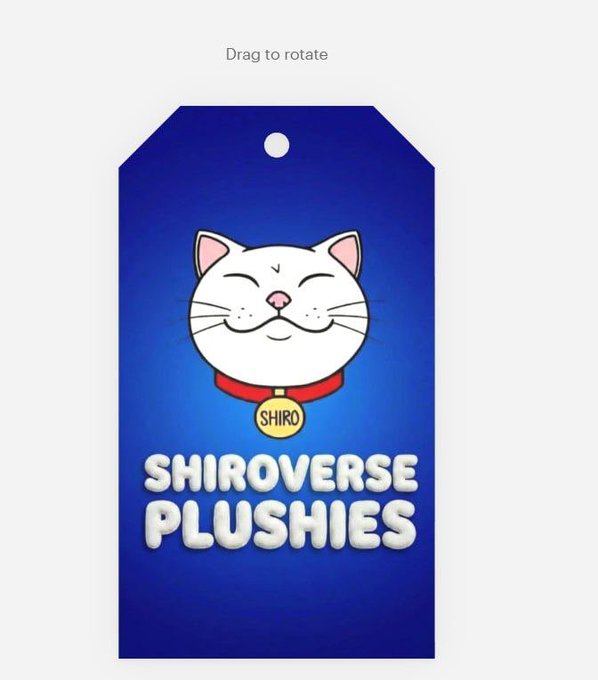 Product tag for 'SHIROVERSE PLUSHIES' featuring a cartoon white cat named Shiro on a blue background, with 'Drag to rotate' text at top.
