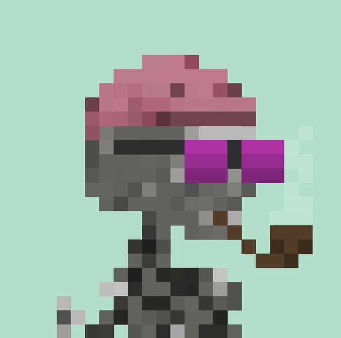 Low-resolution pixel art character with a pink top, dark visor/purple glasses, and grey body set against a solid pale green background.