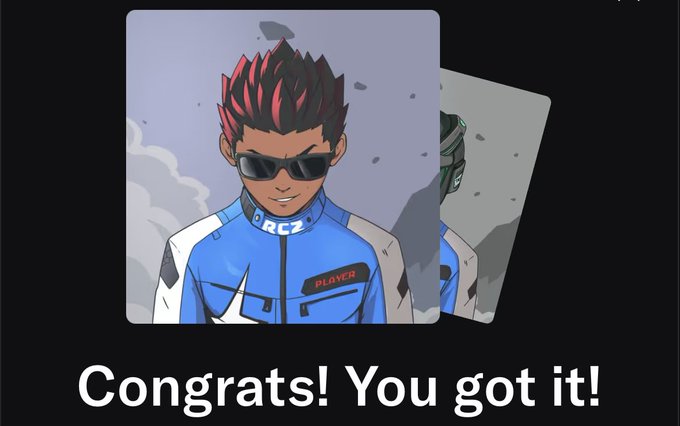An animated character with red spiked hair and sunglasses wearing a blue racing jacket labeled "PLAYER" and "GRC2," with a second card partially visible behind, and text reading "Congrats! You got it!"