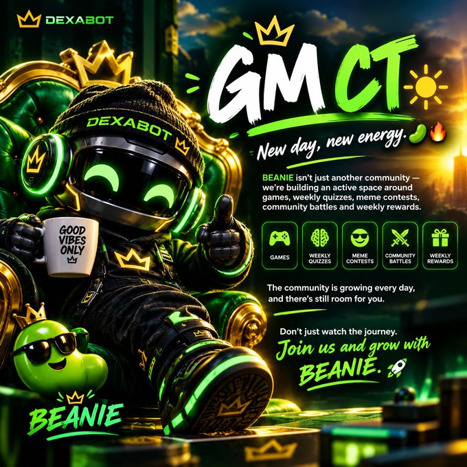 A promotional graphic featuring a robot character wearing a beanie with glowing green accents, alongside text promoting 'BEANIE' as 'just another community' with 'Games, Weekly Quizzes, Meme Contests, Community Battles, and Weekly Rewards.'