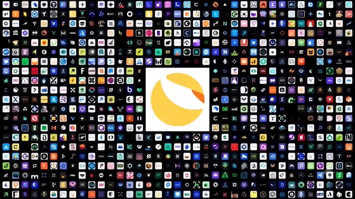 The image features a large, colorful grid of small squares filled with various app icons representing different social media platforms such as Facebook, Instagram, Twitter, and others. The dominant color scheme consists of shades of blue, green, yellow, and pink. The square containing the logo is white, which stands out against the black background. The post reads: "Gm $LUNC ARMY".