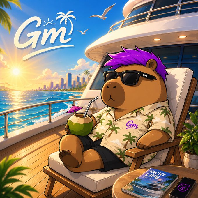 The image features a cartoon bear wearing sunglasses, a Hawaiian shirt with palm trees printed on it, and holding a coconut drink while sitting in a chair near a boat. The background shows a beautiful beach scene with a sunset over the ocean. The caption of the image reads "Can I Get GM @quipnetwork".