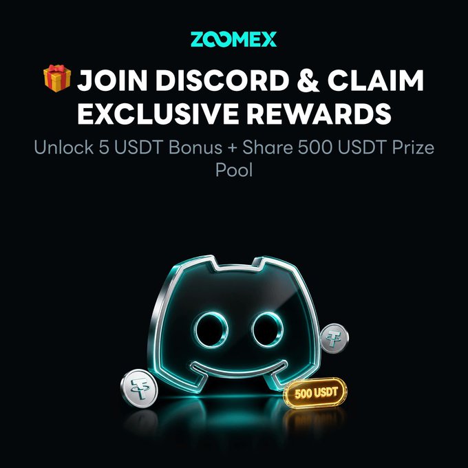 A Zoomex promotional graphic featuring a glowing neon Discord mascot and USDT coin icons, with text inviting users to "JOIN DISCORD & CLAIM EXCLUSIVE REWARDS" including a 5 USDT bonus and a chance to share a 500 USDT prize pool—matching the post's call to join their Discord and complete tasks for rewards.