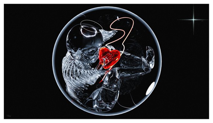 A surreal 3D-rendered artwork showing a transparent glass-like fetus curled in a fetal position inside a dark sphere, with a bright red glowing heart and swirling pink tendrils against a black background with a star.