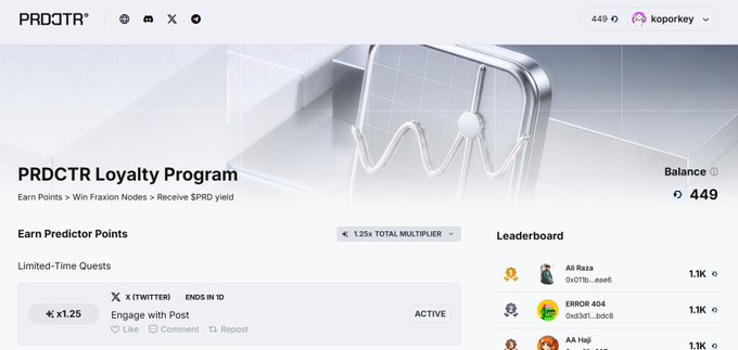 A screenshot of the "PRDCTR Loyalty Program" webpage showing a balance of 449 points, a leaderboard with users like "Ali Raza" and "ERROR 404", and a limited-time quest to "Engage with Post" on Twitter worth x1.25 points.