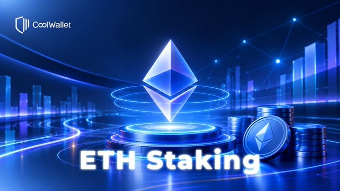 The image displays the "CoolWallet" logo, an Ethereum (ETH) logo on a glowing pedestal, stacked ETH coins, and the text "ETH Staking," visually promoting the crypto wallet's staking feature where users can earn rewards on their held Ethereum.