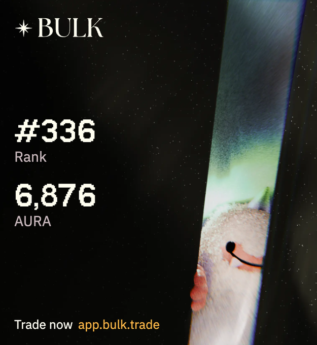 A dark-themed promotional graphic for BULK showing rank #336 and 6,876 AURA, with a partial image of a fluffy white creature peeking from the right side and 'Trade now app.bulk.trade' at the bottom.