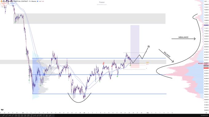 A Bitcoin (BTC/USD) 1-hour chart showing price action within a compression range marked by key supply zones, with handwritten annotations indicating a long entry at the boundary of structure, targeting an "imbalance" fill (the gray supply area around $116,000–$117,000) and a "balance" zone below. The post's thesis is visually represented: a long triggered at the "line in the sand" between the deviation and breakout retest, with expectations of expansion upward to fill the marked inefficiency.