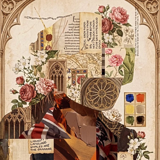 An artistic collage featuring floral illustrations (roses and other flowers), Gothic cathedral architectural elements, vintage paper textures with printed text fragments, a watercolor paint palette, and a torn-paper label reading "LIQUIDITY LANGUAGE, WHALES ARE THE GRAMMAR."
