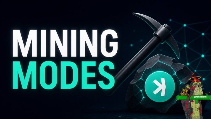 The banner displays "MINING MODES" in bold white and teal lettering alongside a pickaxe striking a rock with a Kaspa (KAS) logo, fittingly illustrating the post's commentary about how quickly GPU mining for Kaspa became obsolete as ASICs overtook home setups with industrial-scale infrastructure.