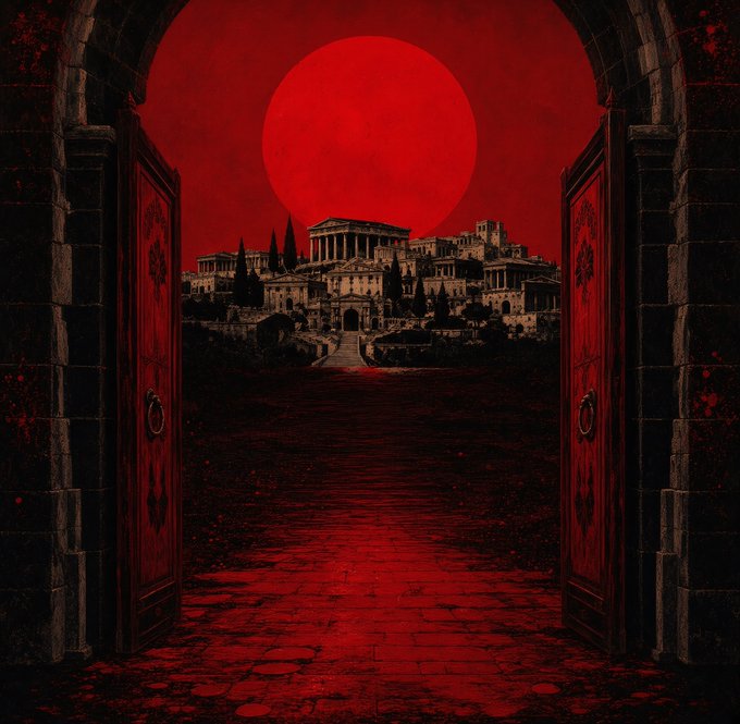 A dark, atmospheric digital illustration depicts an open stone doorway revealing a blood-red moon rising over an ancient ruined city with classical Greek architecture, all bathed in deep red tones.